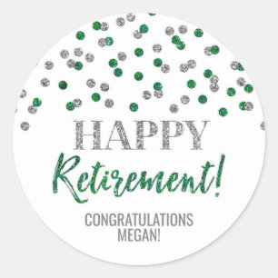 Green Silver Confetti Happy Retirement Classic Round Sticker