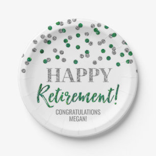 Green Silver Confetti Happy Retirement Paper Plate
