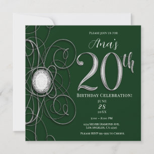 Green & Silver Diamond 20 20th Birthday Party Invitation