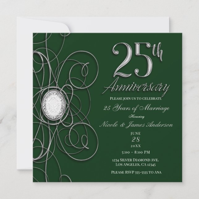 Green & Silver Diamond 25 25th Anniversary Party Invitation (Front)