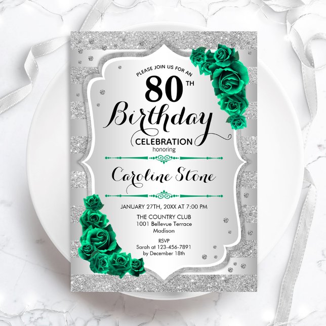 Green Silver Elegant Floral 80th Birthday Invitation (Creator Uploaded)