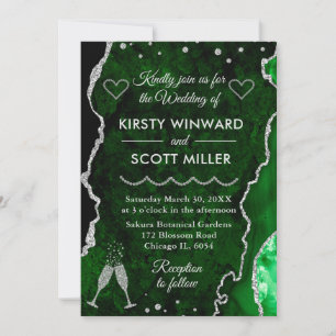 Green & Silver Faux Glitter Agate Marble Wedding Invitation