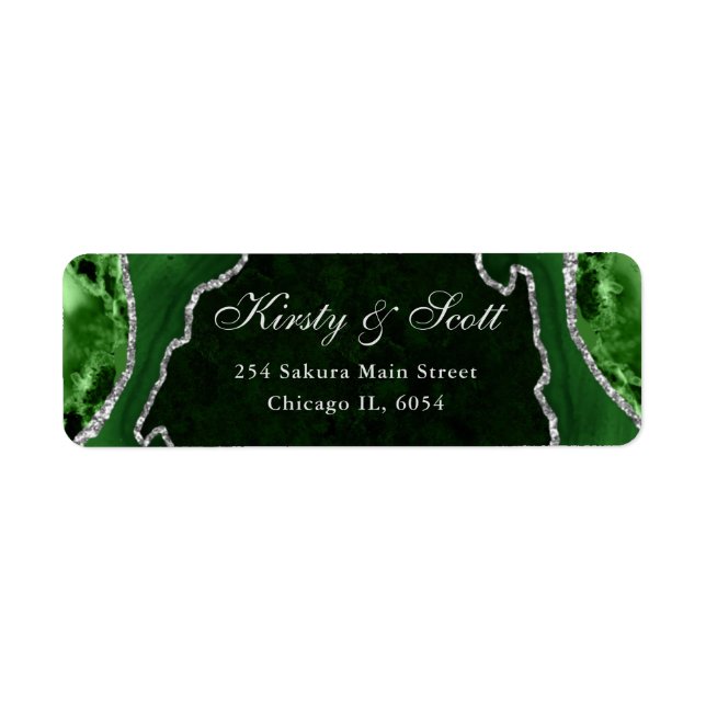 Green & Silver Faux Glitter Agate Wedding address (Front)