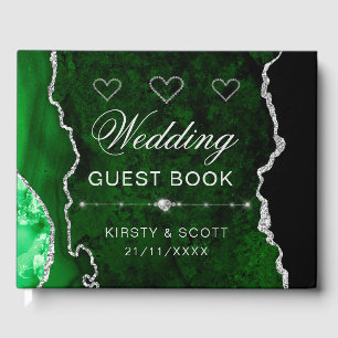 Green & Silver Faux Glitter Agate Wedding Guest Book