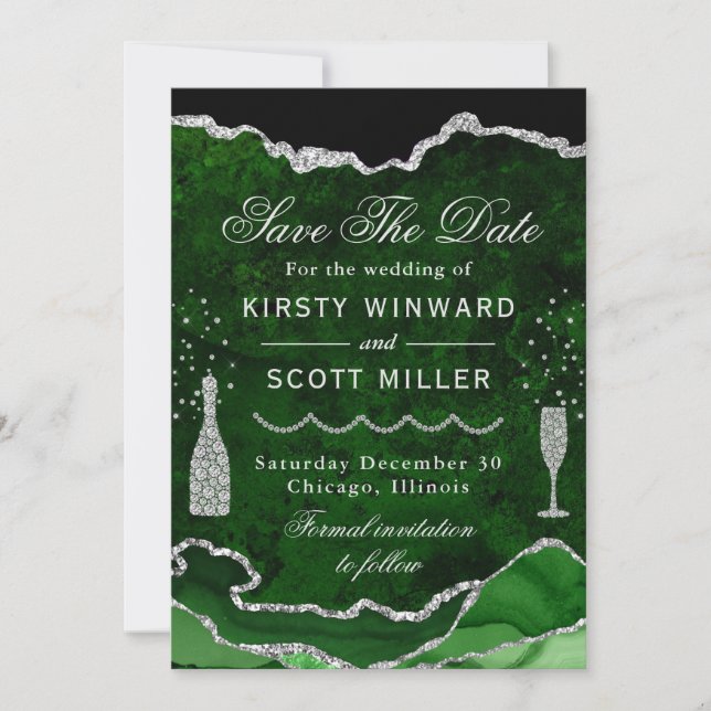 Green & Silver Faux Glitter Marble Agate Wedding Save The Date (Front)