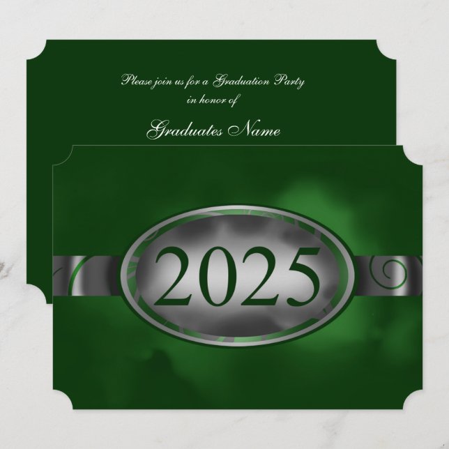 Green/Silver Floral Button 2025 Graduation Party Invitation (Front/Back)