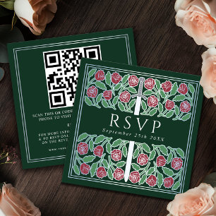 Green Silver Floral Royal Wedding RSVP QR Code Enclosure Card