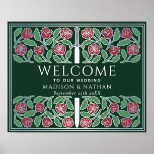 Green Silver Floral Royal Wedding Welcome Sign