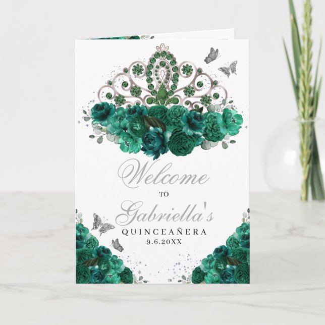 Green & Silver Floral Tiara Quinceanera Program Invitation (Front)