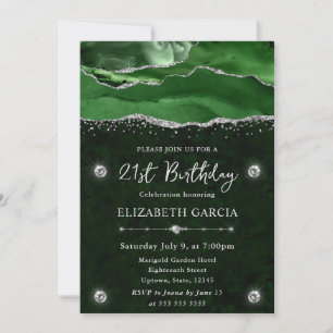 Green & Silver Glitter Agate 21st Birthday Invitation