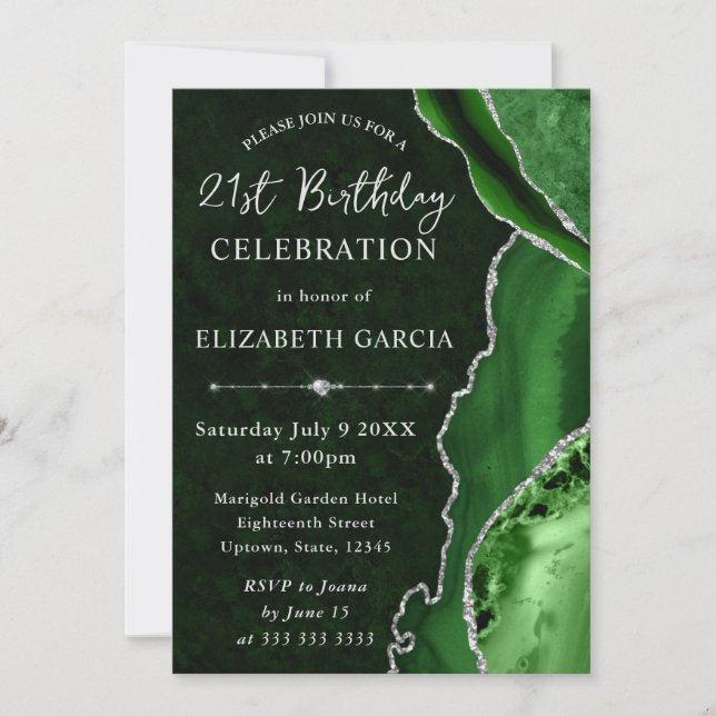 Green & Silver Glitter Agate and marble Birthday Invitation (Front)