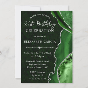 Green & Silver Glitter Agate and marble Birthday Invitation