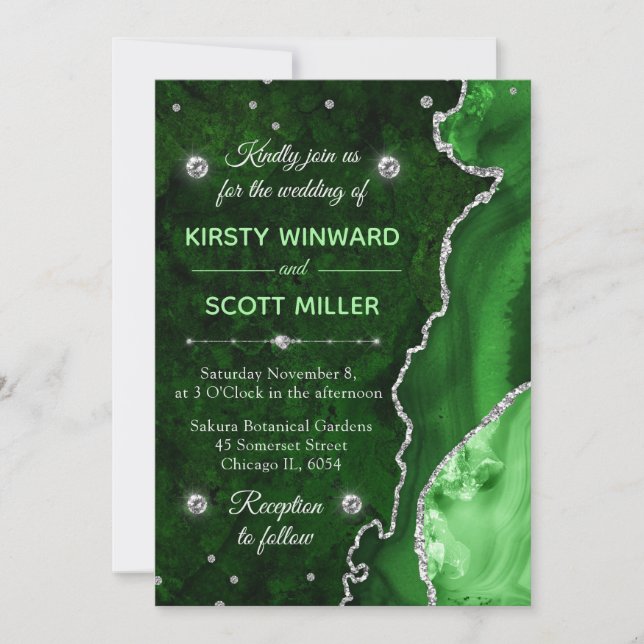 Green & Silver Glitter Agate and marble Wedding Invitation (Front)