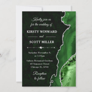 Green & Silver Glitter Agate and marble Wedding Invitation