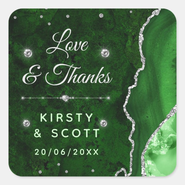 Green & Silver Glitter Agate and marble Wedding Square Sticker (Front)
