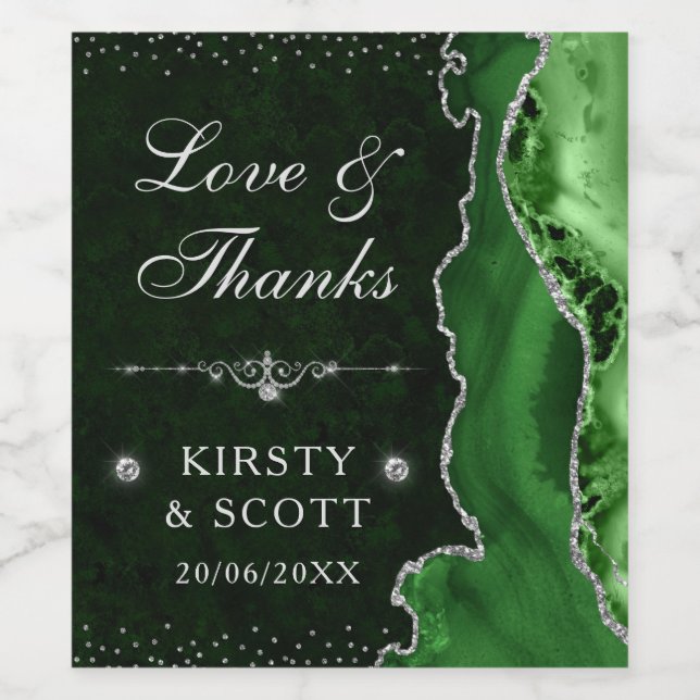 Green  & Silver Glitter Agate and marble Wedding Wine Label (Single Label)