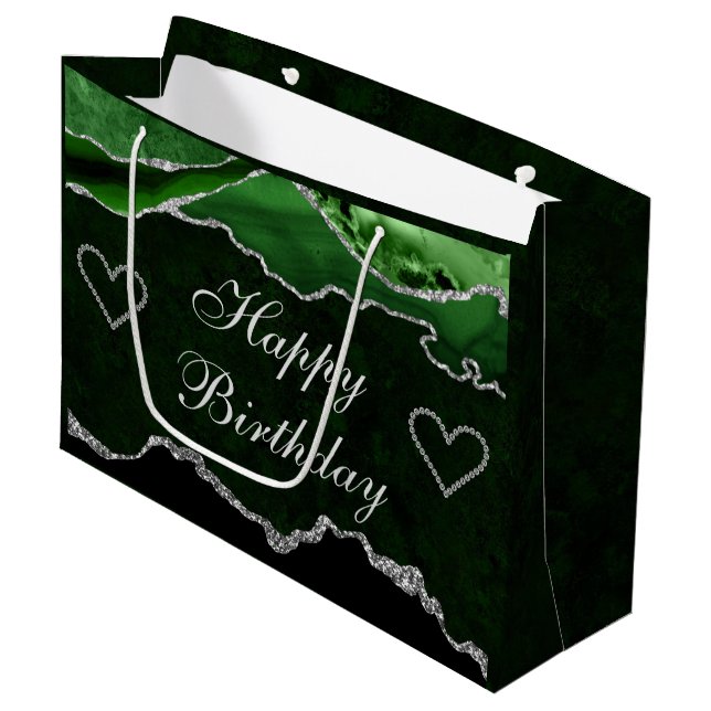 Green & Silver Glitter Agate Happy Birthday Large Gift Bag (Front Angled)