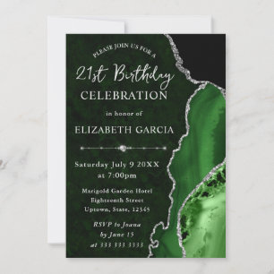 Green & Silver Glitter Agate marble Birthday Invitation