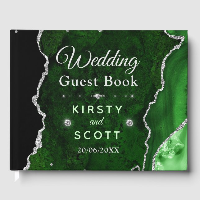 Green & Silver Glitter Agate Wedding Guest Book (Front)