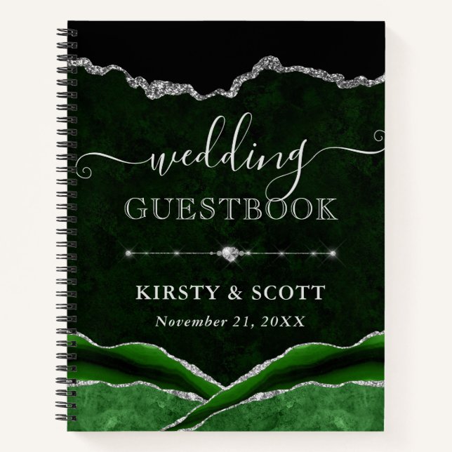 Green & Silver Glitter Agate Wedding Guest Book (Front)