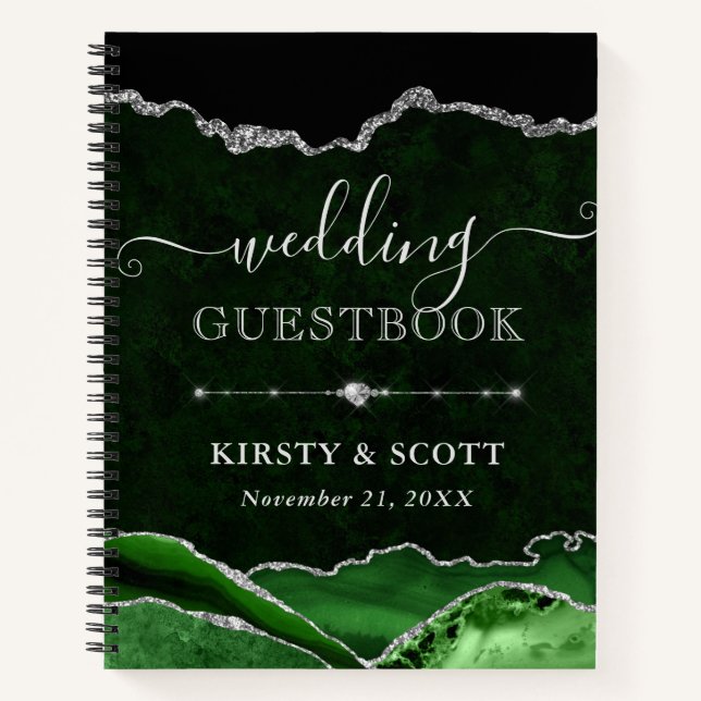 Green & Silver Glitter Agate Wedding Guest Book (Front)
