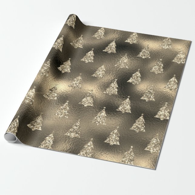Green Silver Glitter Christmas Tree Glam Wrapping Paper (Unrolled)