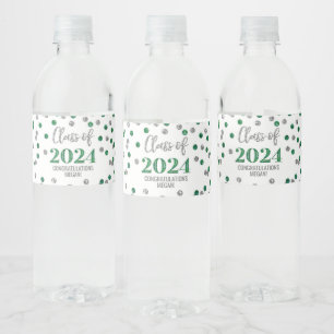 Green Silver Glitter Confetti Graduation Water Bottle Label