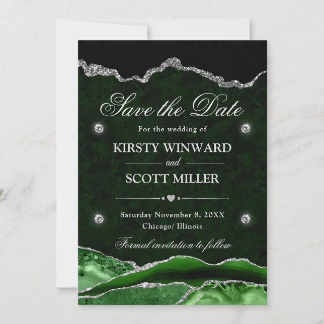 Green Silver Glitter Marble Agate Save the Date (Front)