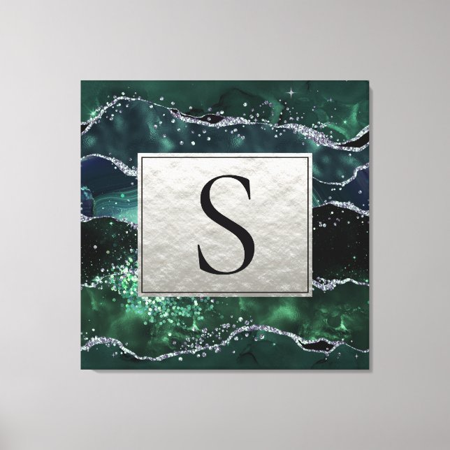 Green Silver Glitter Marble Geode Agate Monogram Canvas Print (Front)