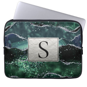 Green Silver Glitter Marble Geode Agate Monogram Laptop Sleeve