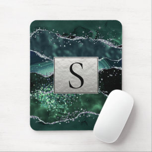 Green Silver Glitter Marble Geode Agate Monogram Mouse Mat