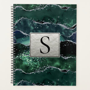 Green Silver Glitter Marble Geode Agate Monogram Planner