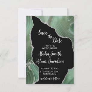 Green Silver Glitter on Black Save The Date Cards