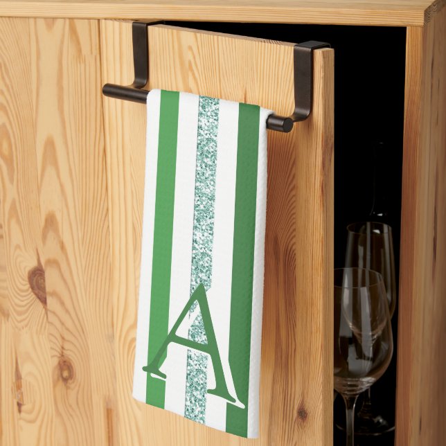 Green Silver Glitter Striped Initial Modern Trendy Tea Towel (Thirds Fold)