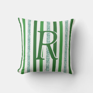 Green Silver Glitter Stripes Monogrammed Custom Cushion