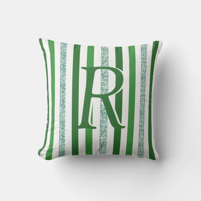 Green Silver Glitter Stripes Monogrammed Custom Cushion (Front)