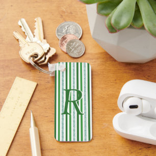 Green Silver Glitter Stripes Monogrammed Custom Key Ring