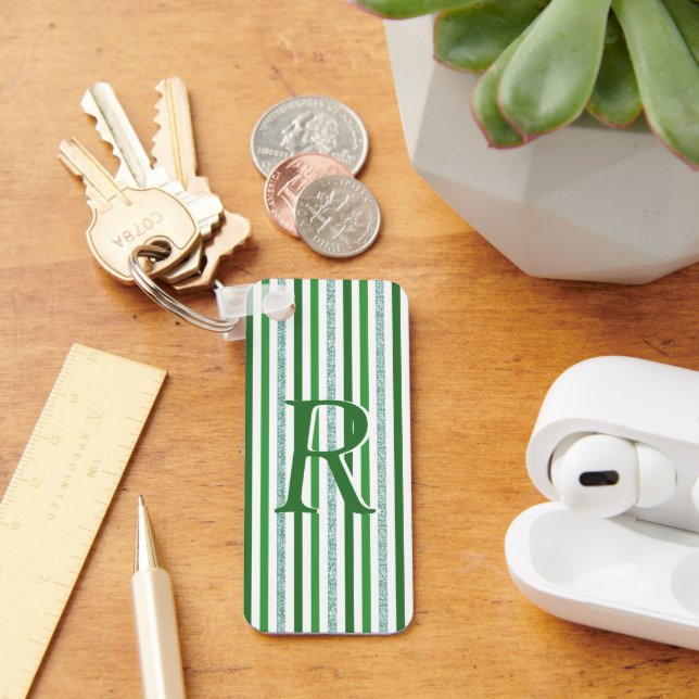 Green Silver Glitter Stripes Monogrammed Custom Key Ring (Desk)