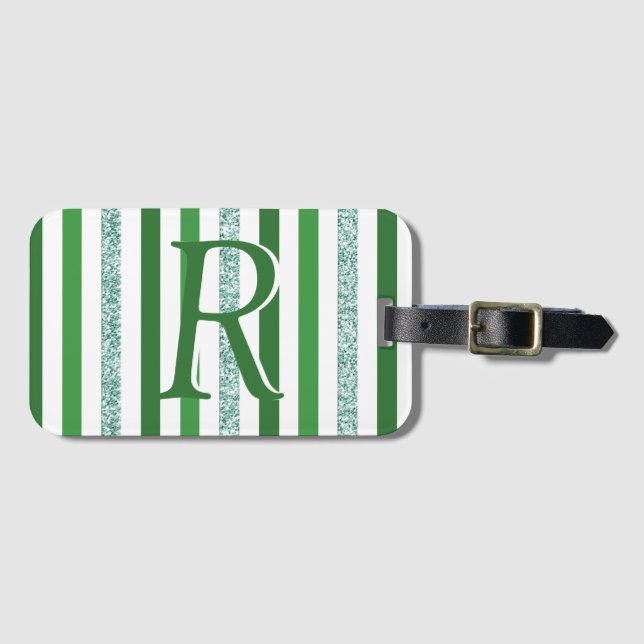 Green Silver Glitter Stripes Monogrammed Custom Luggage Tag (Front Horizontal)