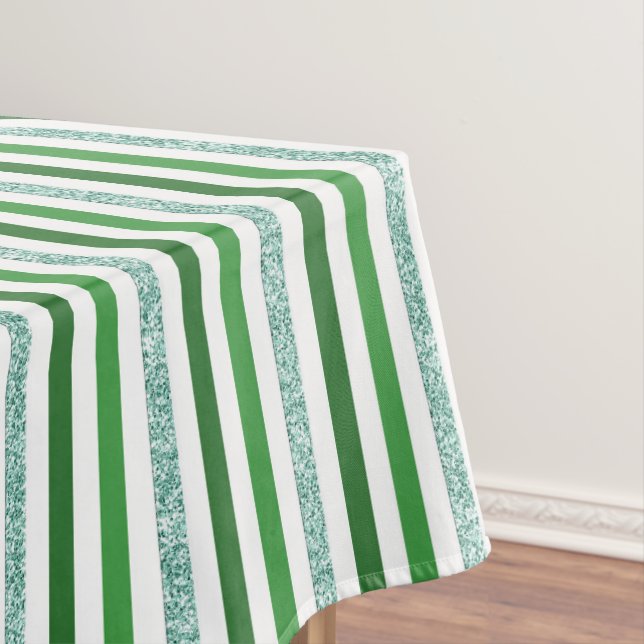 Green & Silver Glitter Stripes Pattern Tablecloth (In Situ)