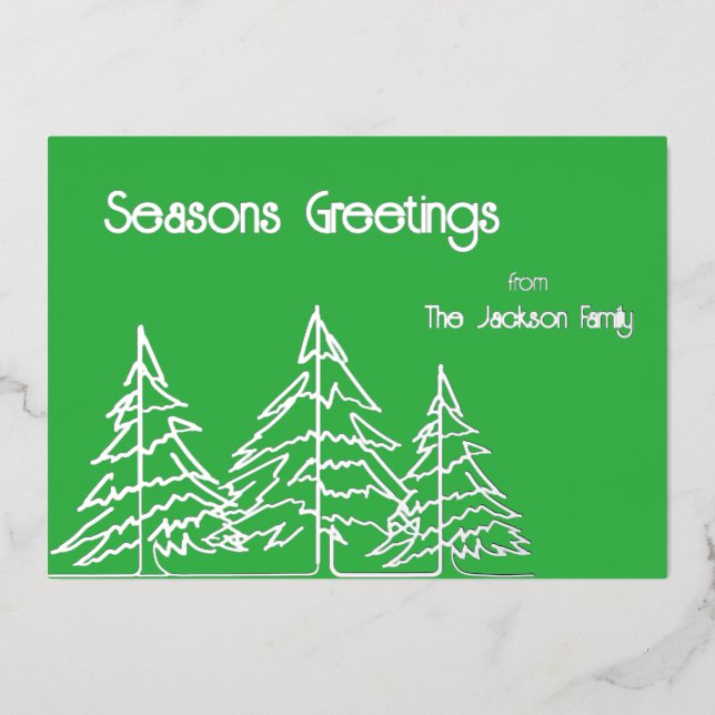 Green & Silver Graphic Christmas Tree Minimal   Foil Holiday Card (Front)