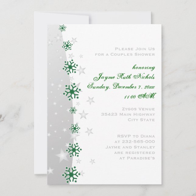 Green silver grey snowflake wedding couples shower invitation (Front)