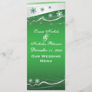 Green, silver grey snowflake wedding menu card