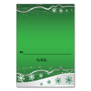 Green, silver grey snowflake wedding place card