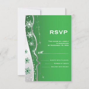 Green, silver grey snowflake winter wedding RSVP