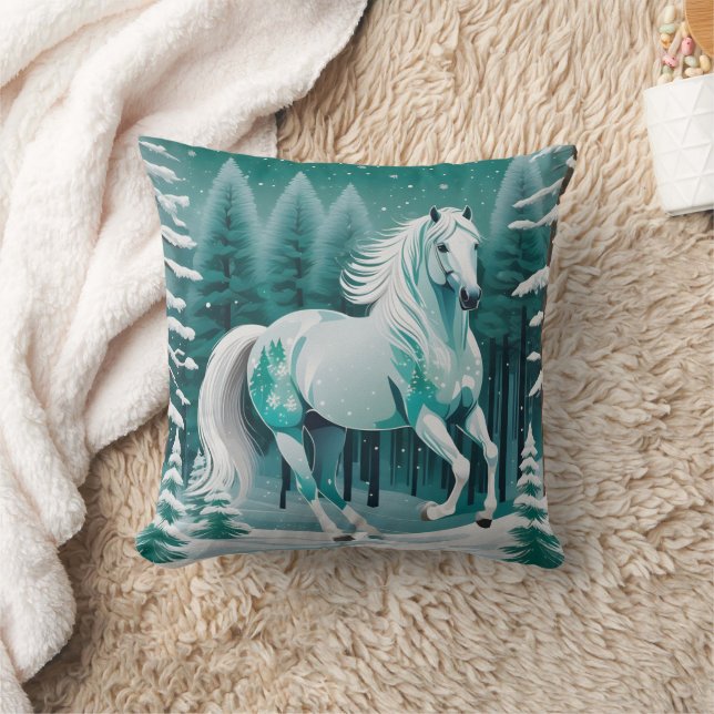 Green Silver Horse in Enchanted Forest  Cushion (Blanket)