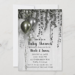 Green Silver Metallic Balloons Ivy Baby Shower Invitation