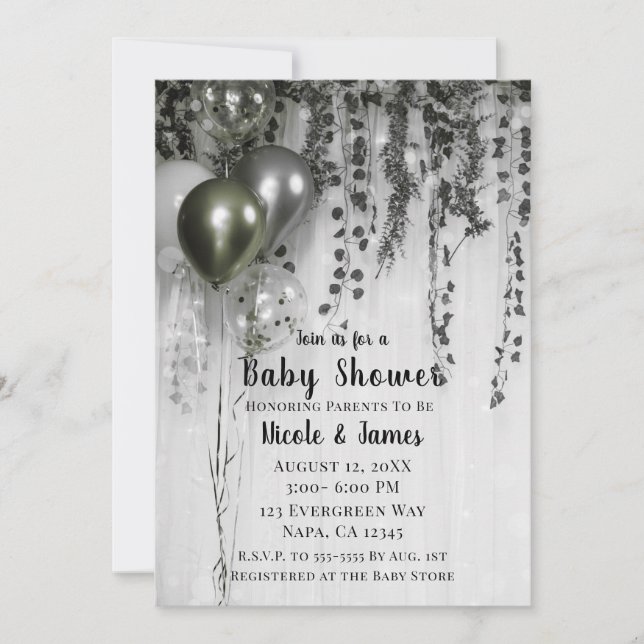 Green Silver Metallic Balloons Ivy Baby Shower Invitation (Front)