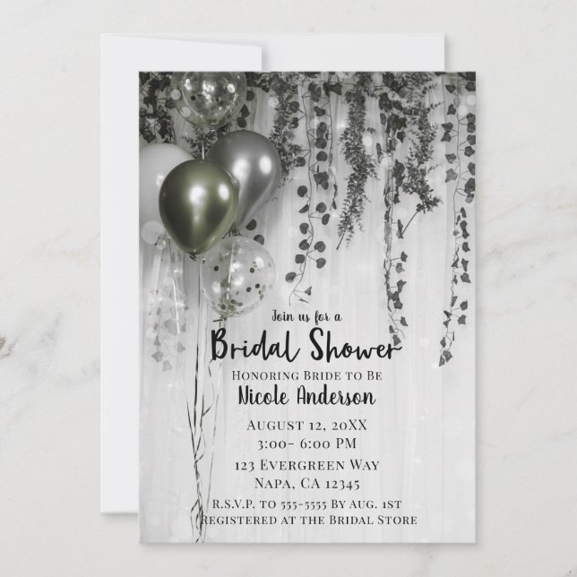 Green Silver Metallic Balloons Ivy Bridal Shower Invitation (Front)