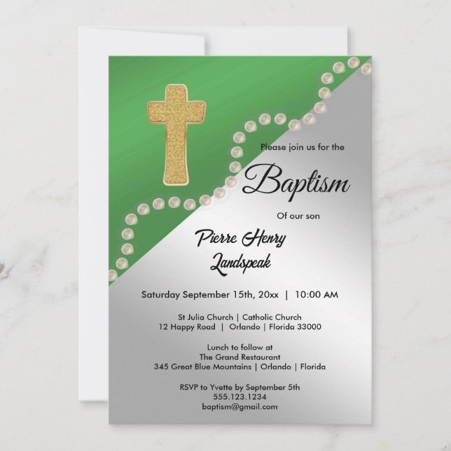 Green & Silver Metallic & Pearls Baptism Invitation (Front)